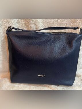 Furla Navy Blue Pebbled Leather Capriccio Medium Hobo Bag